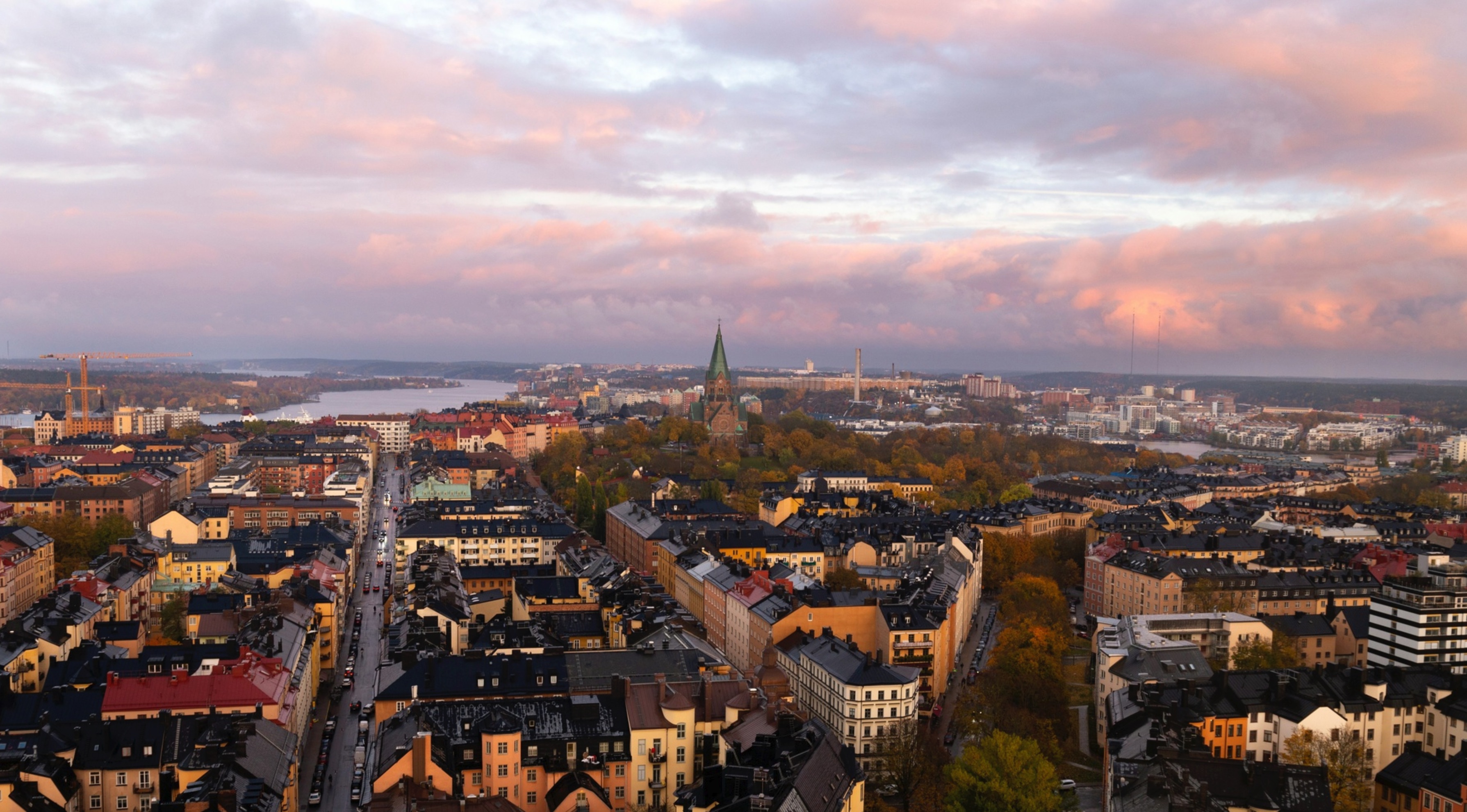 European city skyline under storm clouds